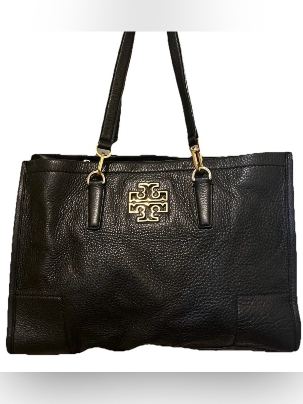 Tory Burch Marion Black Pebbled Leather Tote Shoulder Bag Gold Hardware Dust Bag